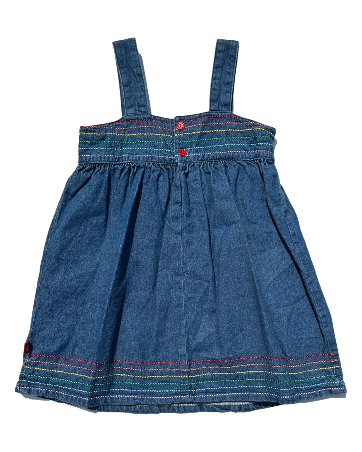 Little Bird by Jools denim dress with rainbow embroidery (size 18-24mths)