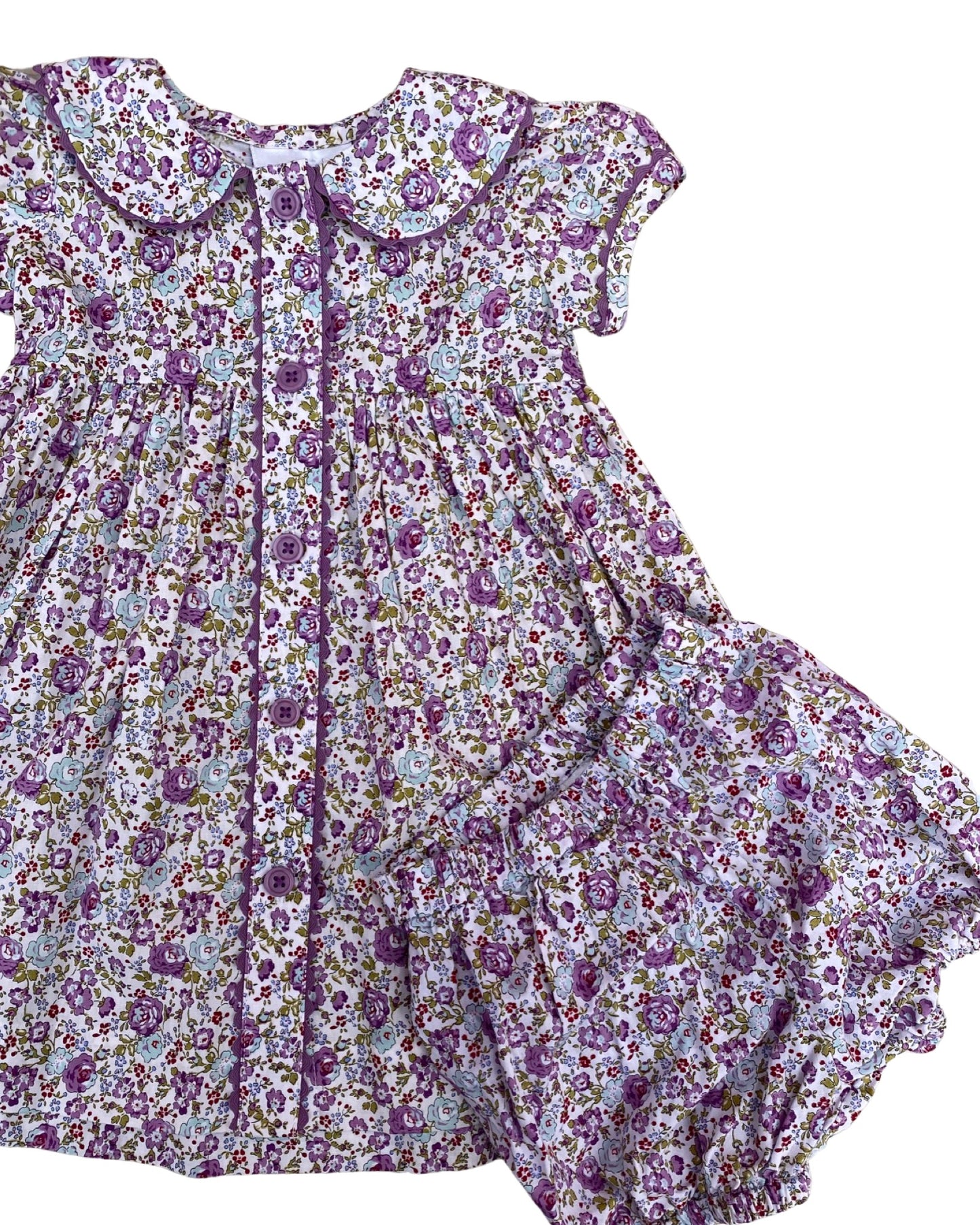 Rachel Riley floral print button down dress with flocked collar and matching nappy cover (6-9mths)