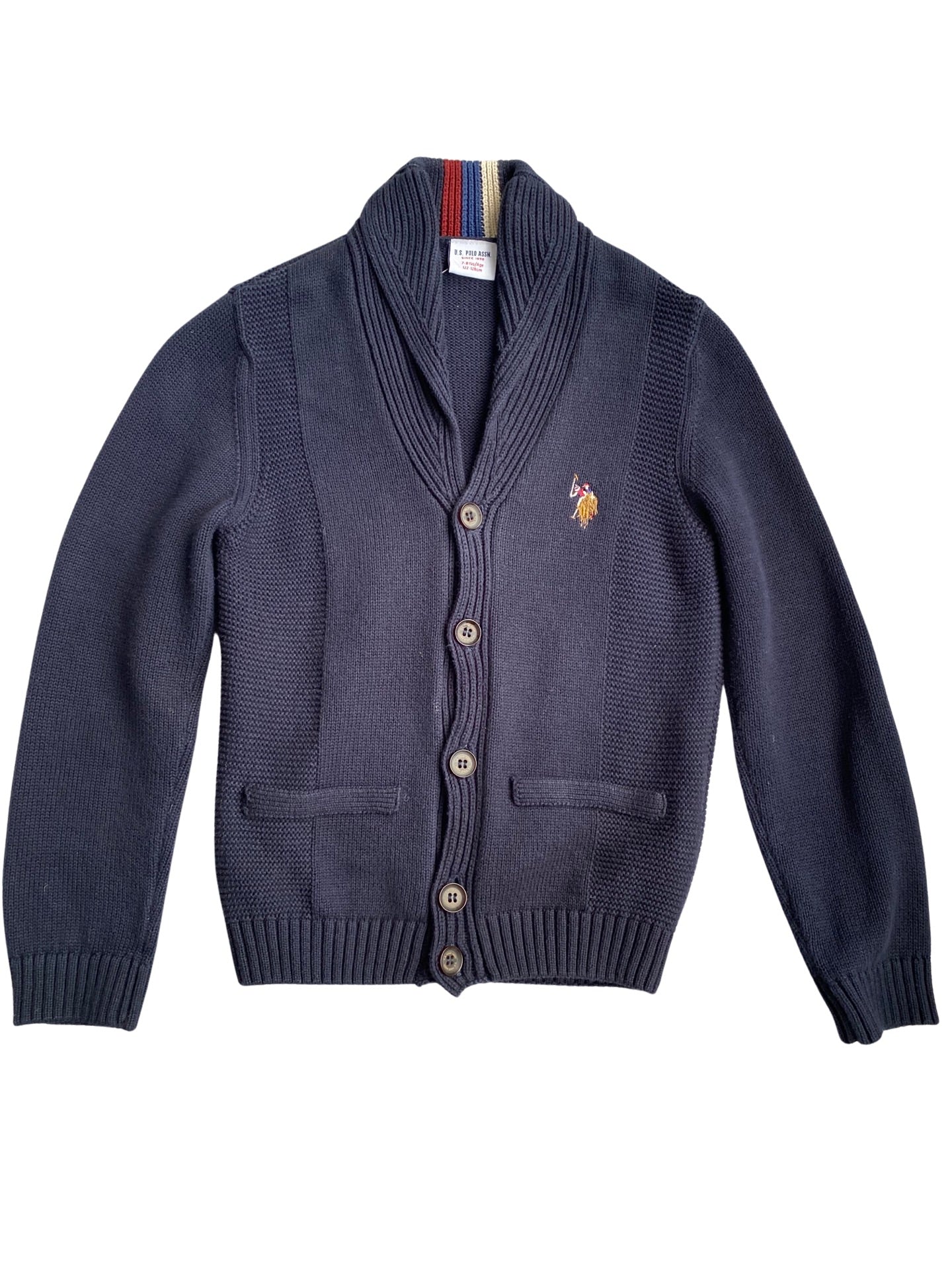 US Polo Association button down navy cardigan with striped collar (7-8yrs)