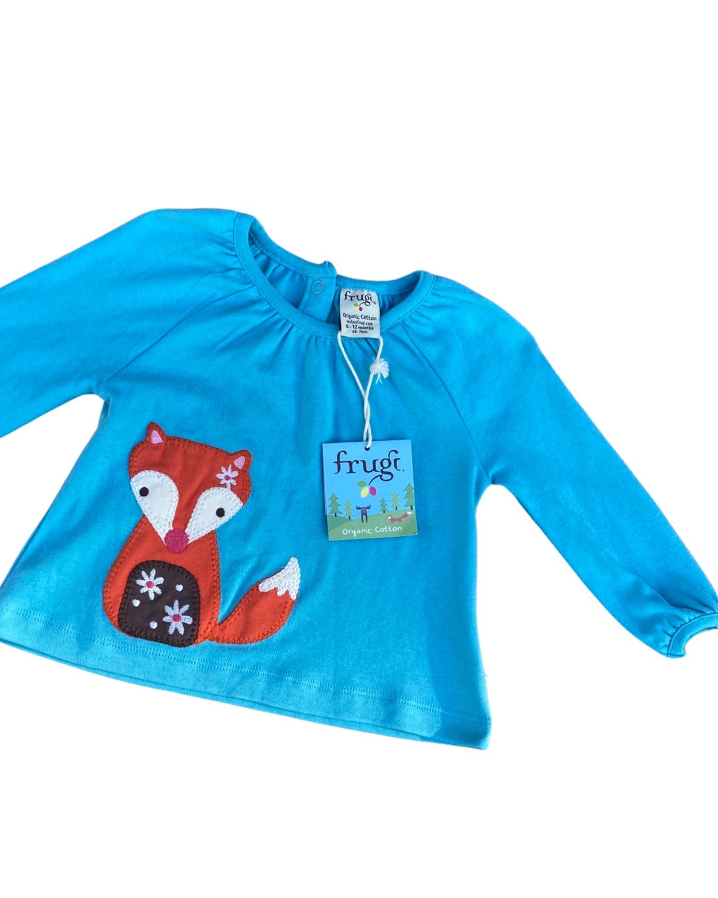 Frugi long sleeve cornflower blue top with embroidered fox (9-12mths)