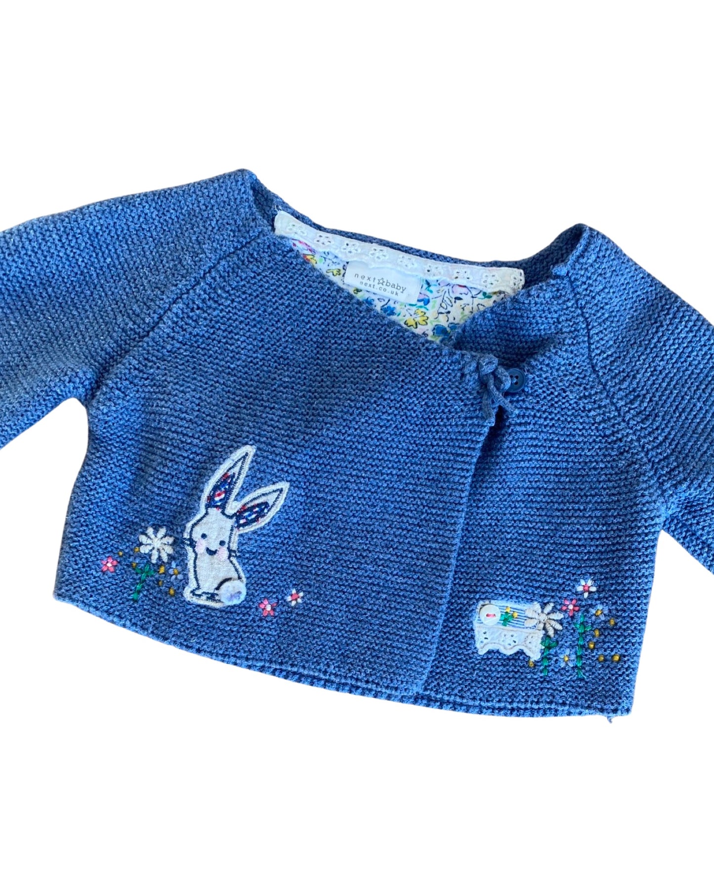 Next blue cardigan with embroidered bunny & floral trim (3-6mths)