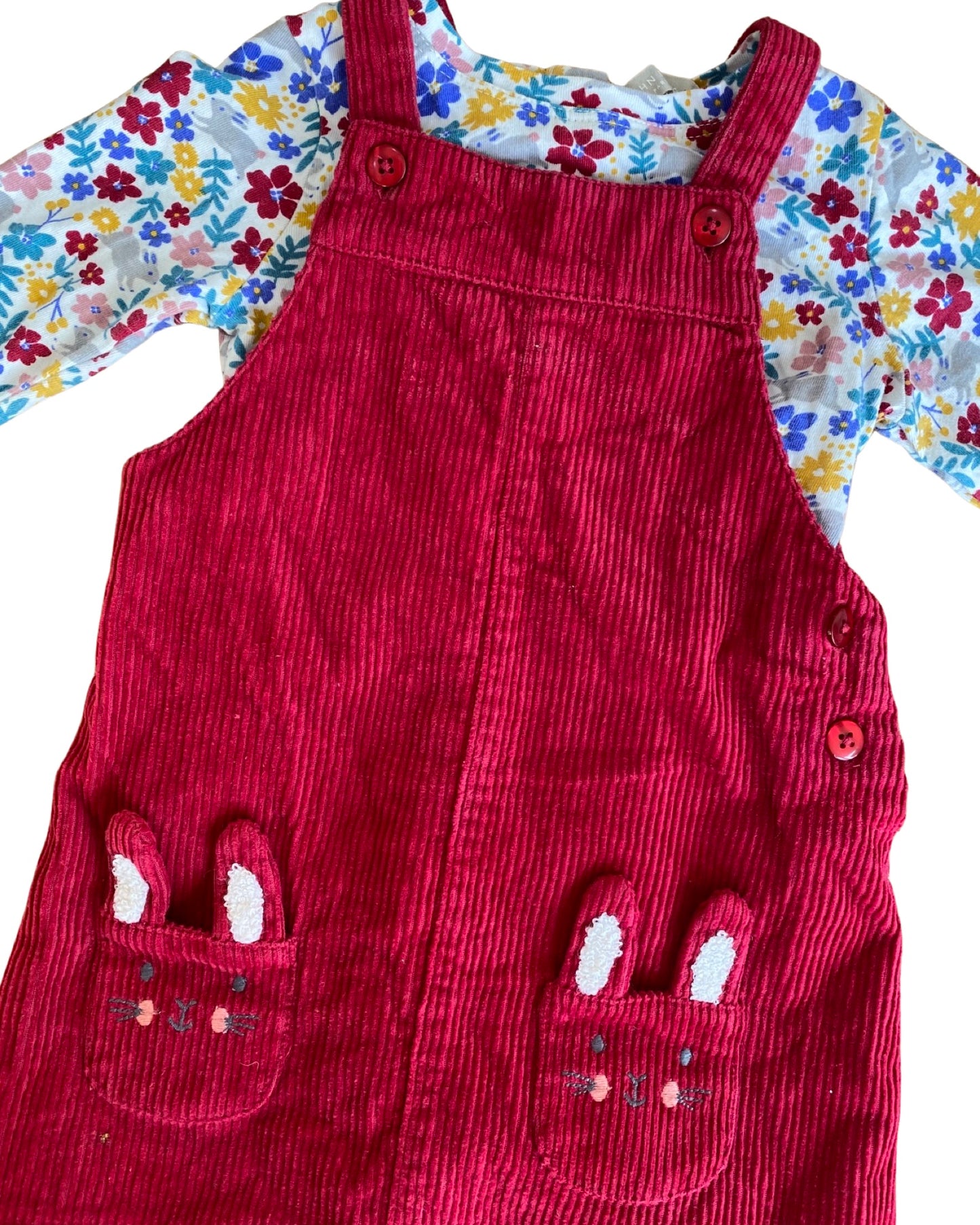 John Lewis red cord dress with bunny pockets and long sleeve floral top (6-9mths)