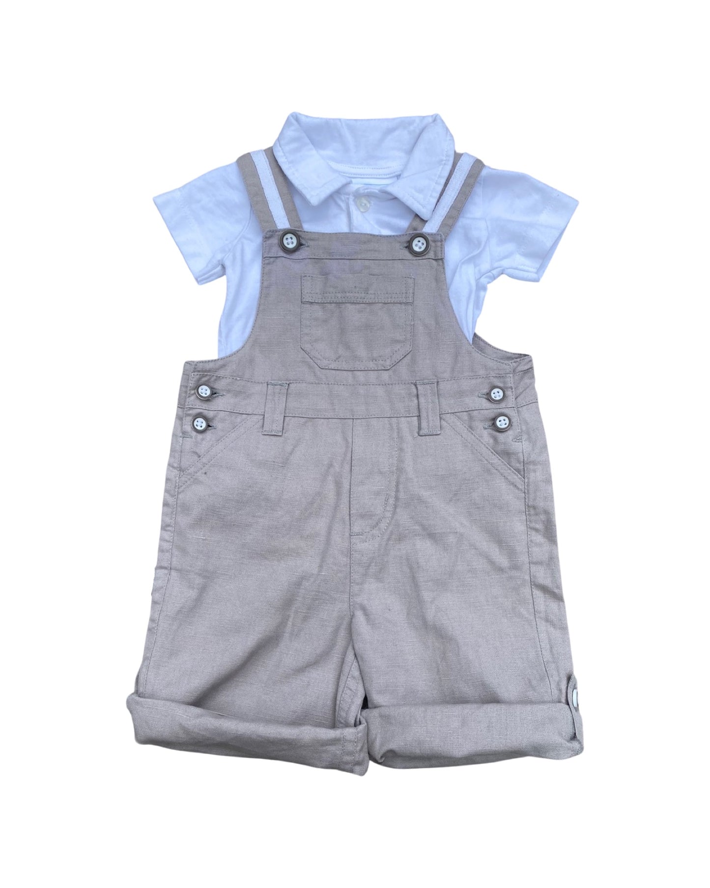 The Little White Company linen oatmeal dungarees with collared bodysuit (0-3mths)