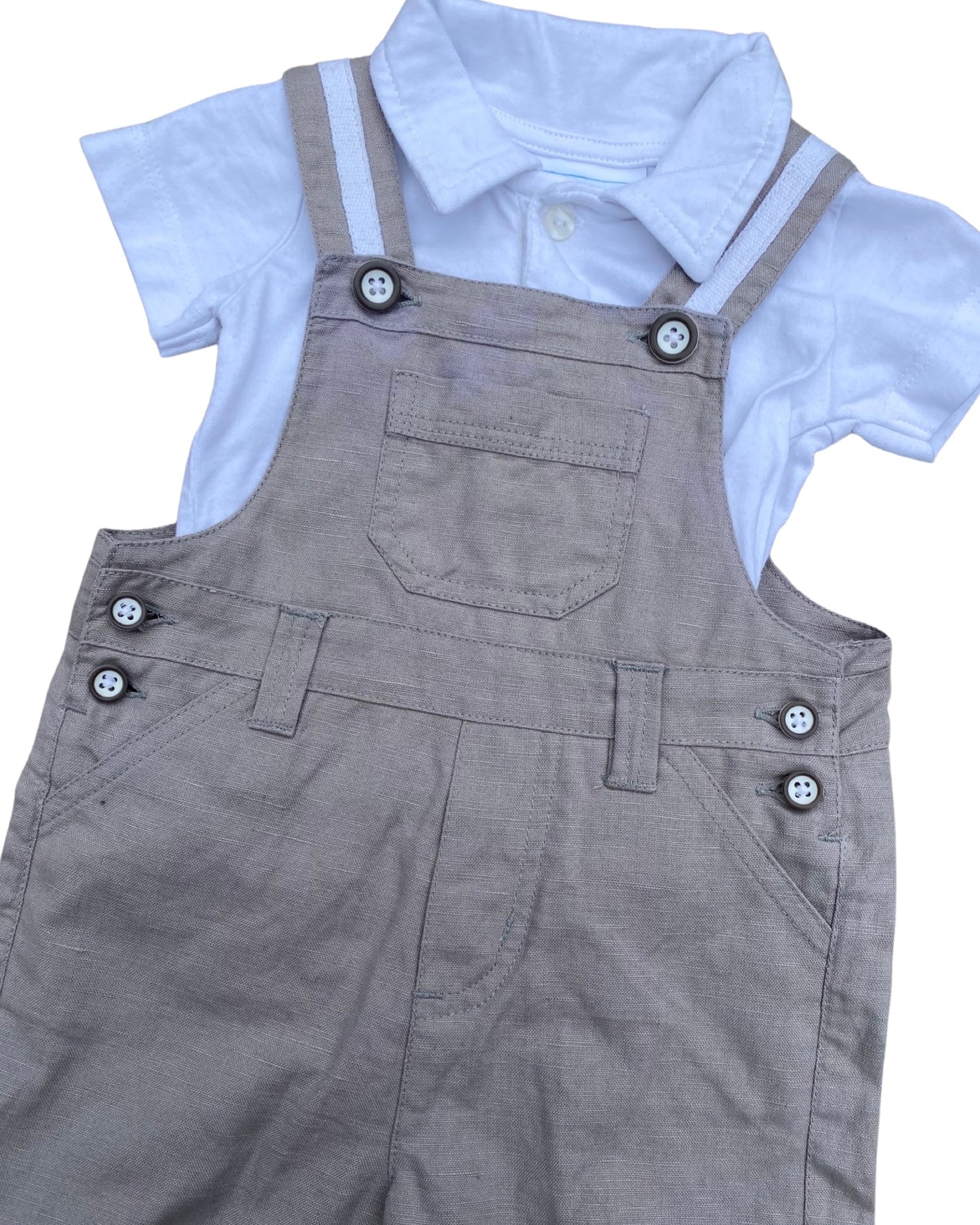 The Little White Company linen oatmeal dungarees with collared bodysuit (0-3mths)