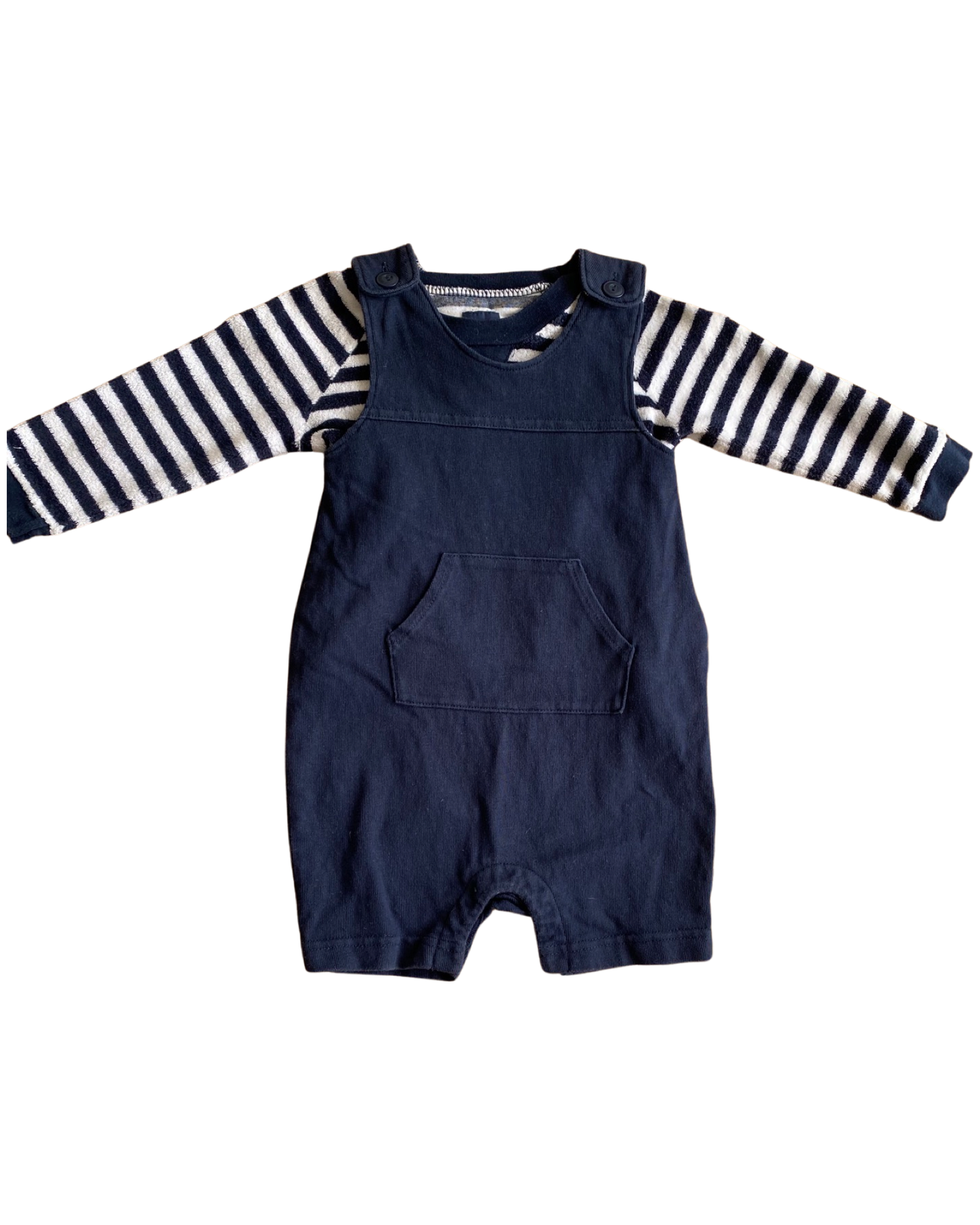 Baby Gap navy short jersey romper with striped terry towelling long sleeve top (12 -18mths)