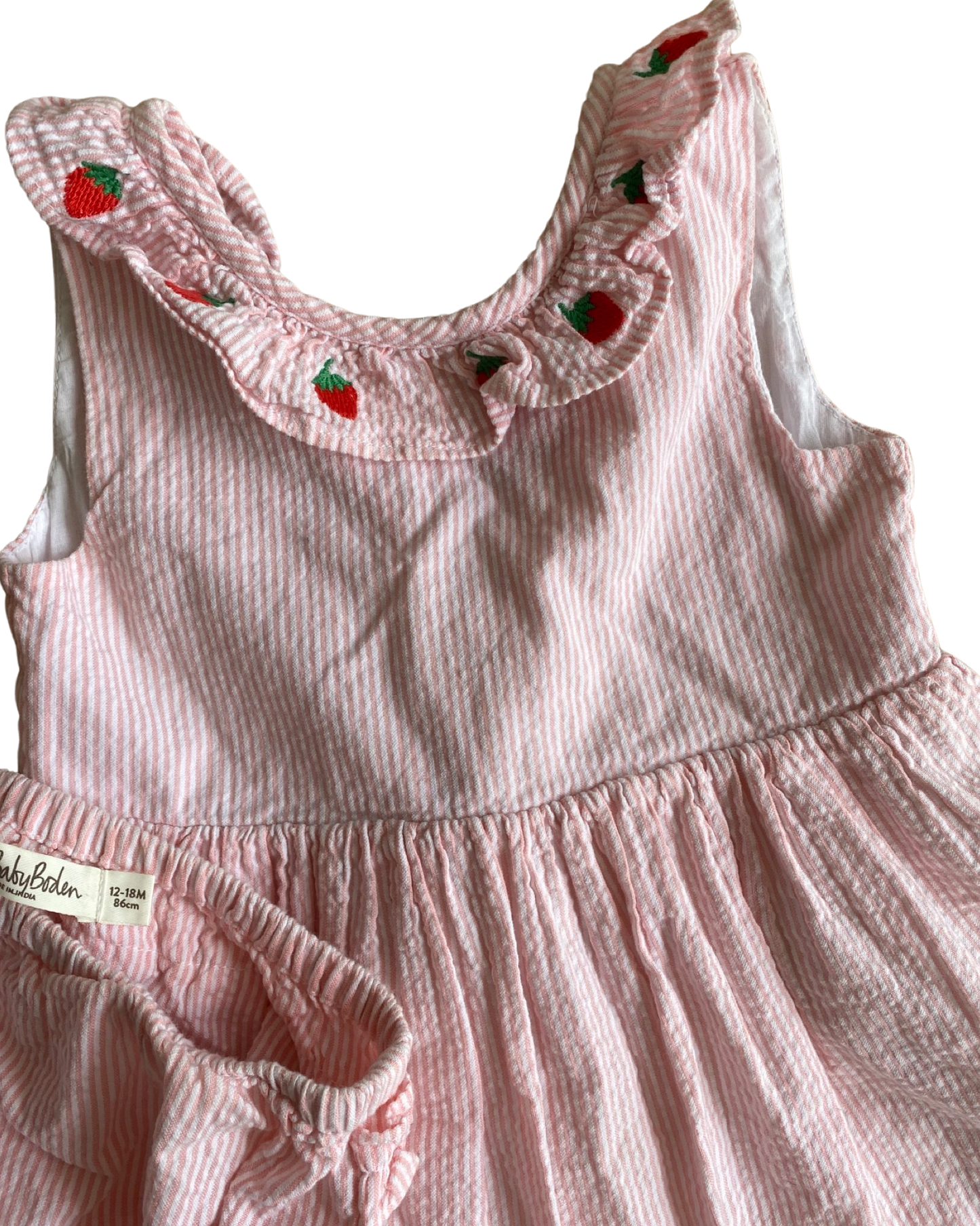 Baby Boden seersucker cotton dress with embroidered strawberries (12-18mths)
