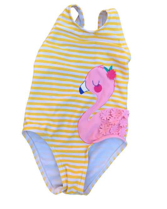 John Lewis yellow striped swimsuit with flamingo appliqué (size 9-12mths)