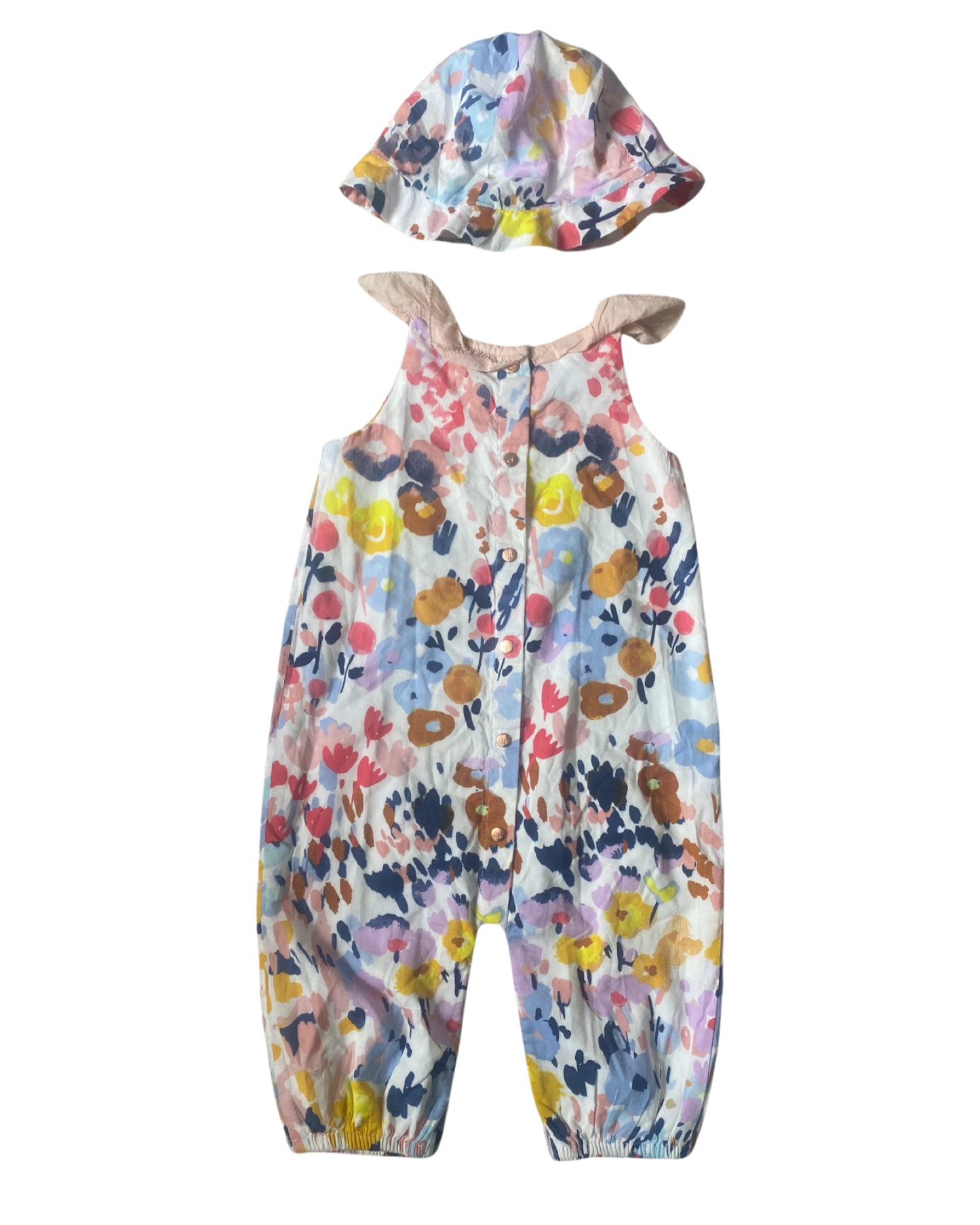 M&S floral print romper with matching sun hat (size 9-12mths)