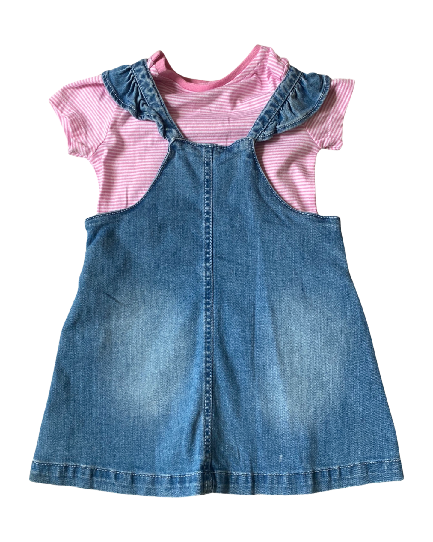 Mothercare denim pinafore dress with striped pink t shirt (size 12-18mths)