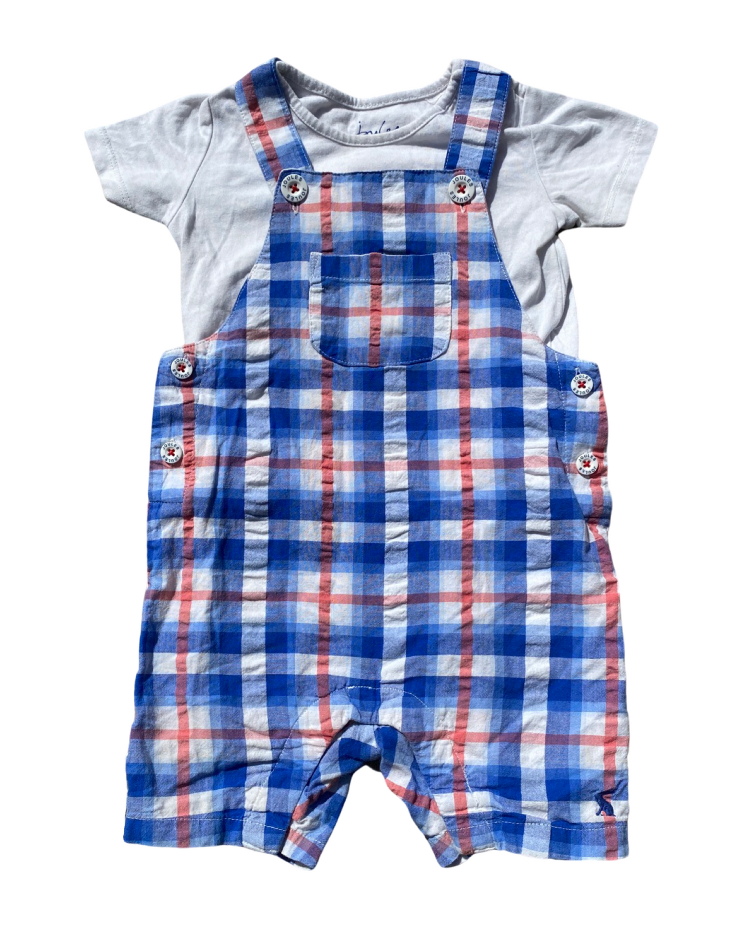 Joules cotton checked short dungarees with bodysuit (9-12mths)