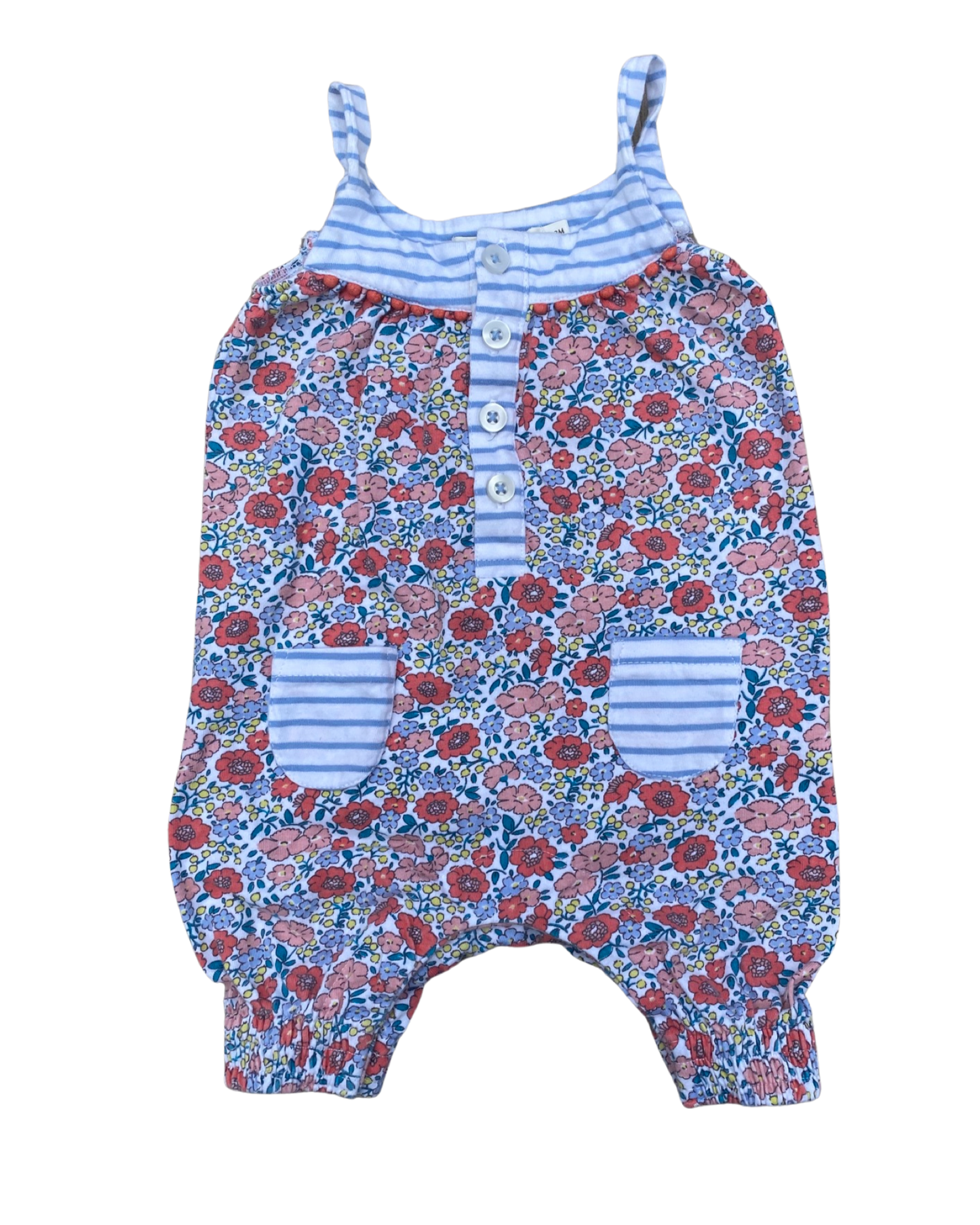 Baby Boden floral/stripe printed jersey strappy romper (0-3mths)