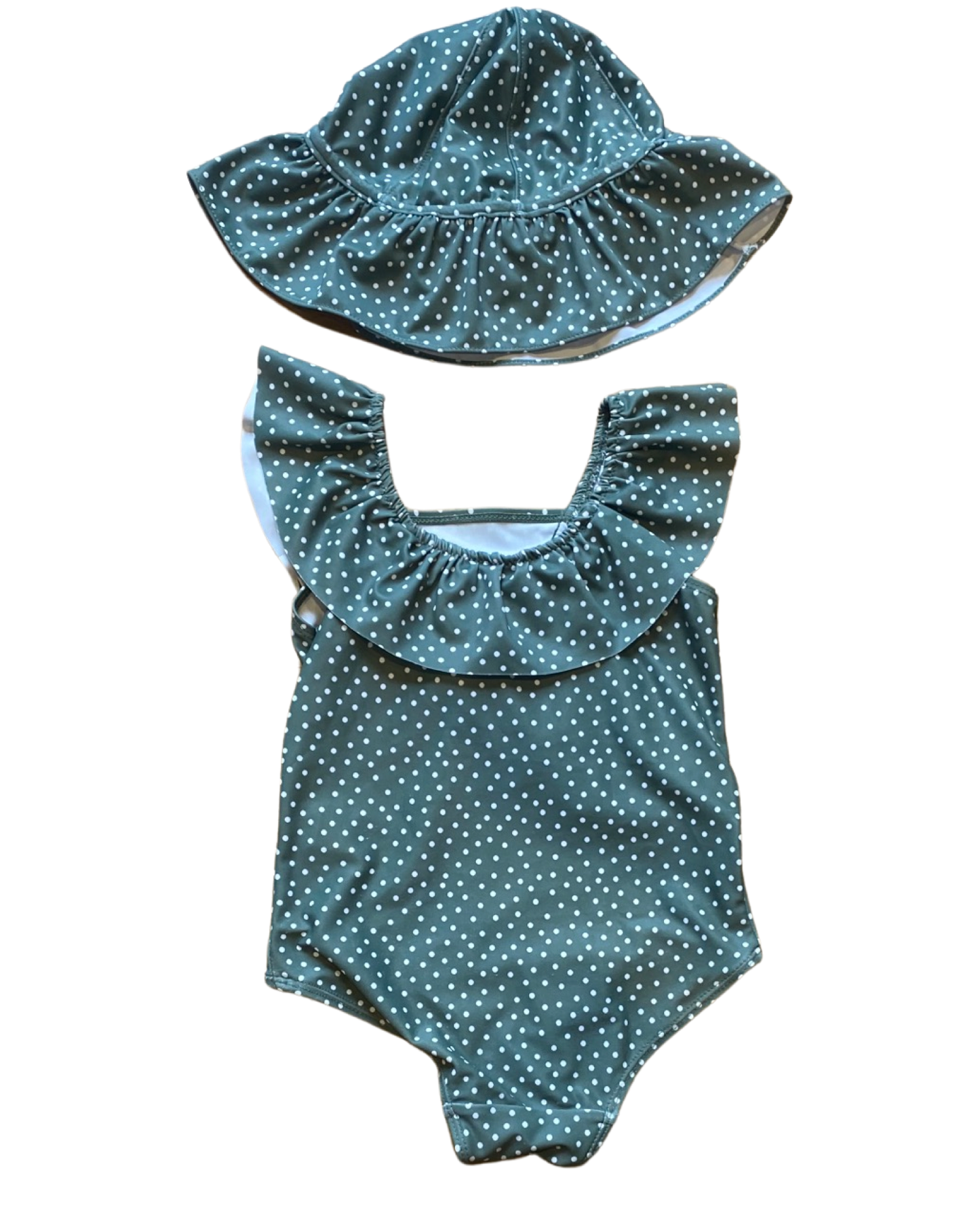 H&M green dotty swimsuit with matching hat (size 1.5-2yrs)