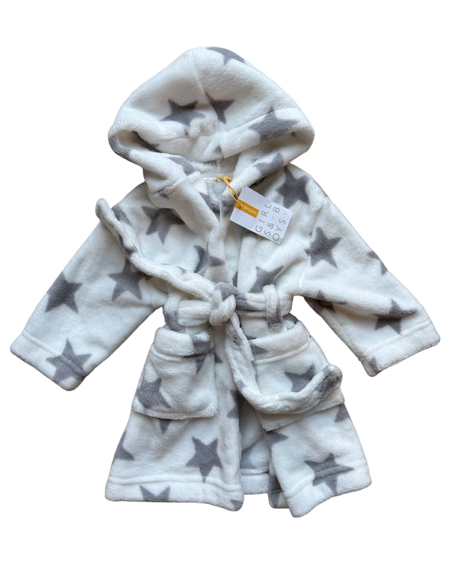 John Lewis cream & grey star print baby towelling robe (size 3-6mths)