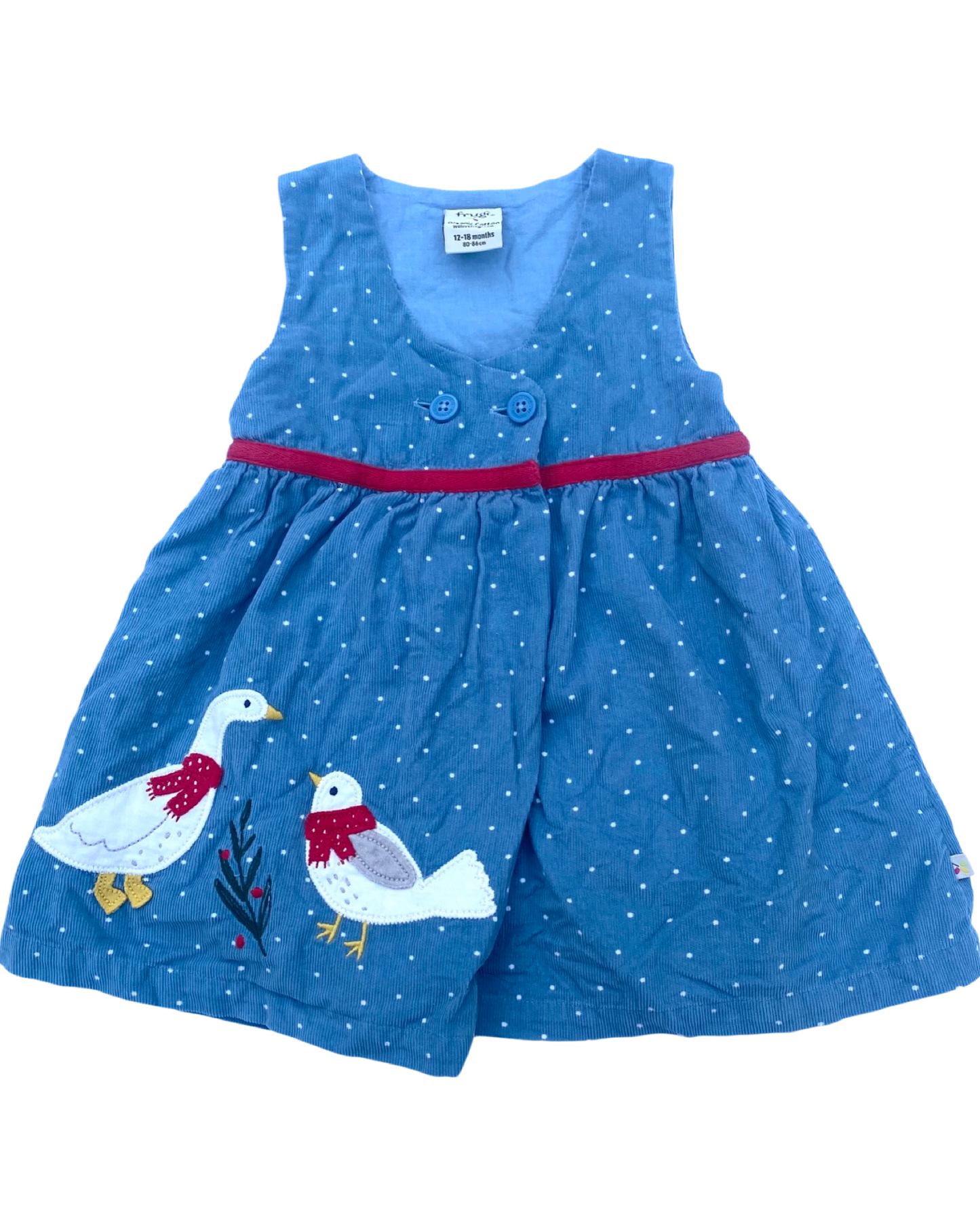 Frugi blue dotty needlecord dress with geese appliqué (size 12-18mths)