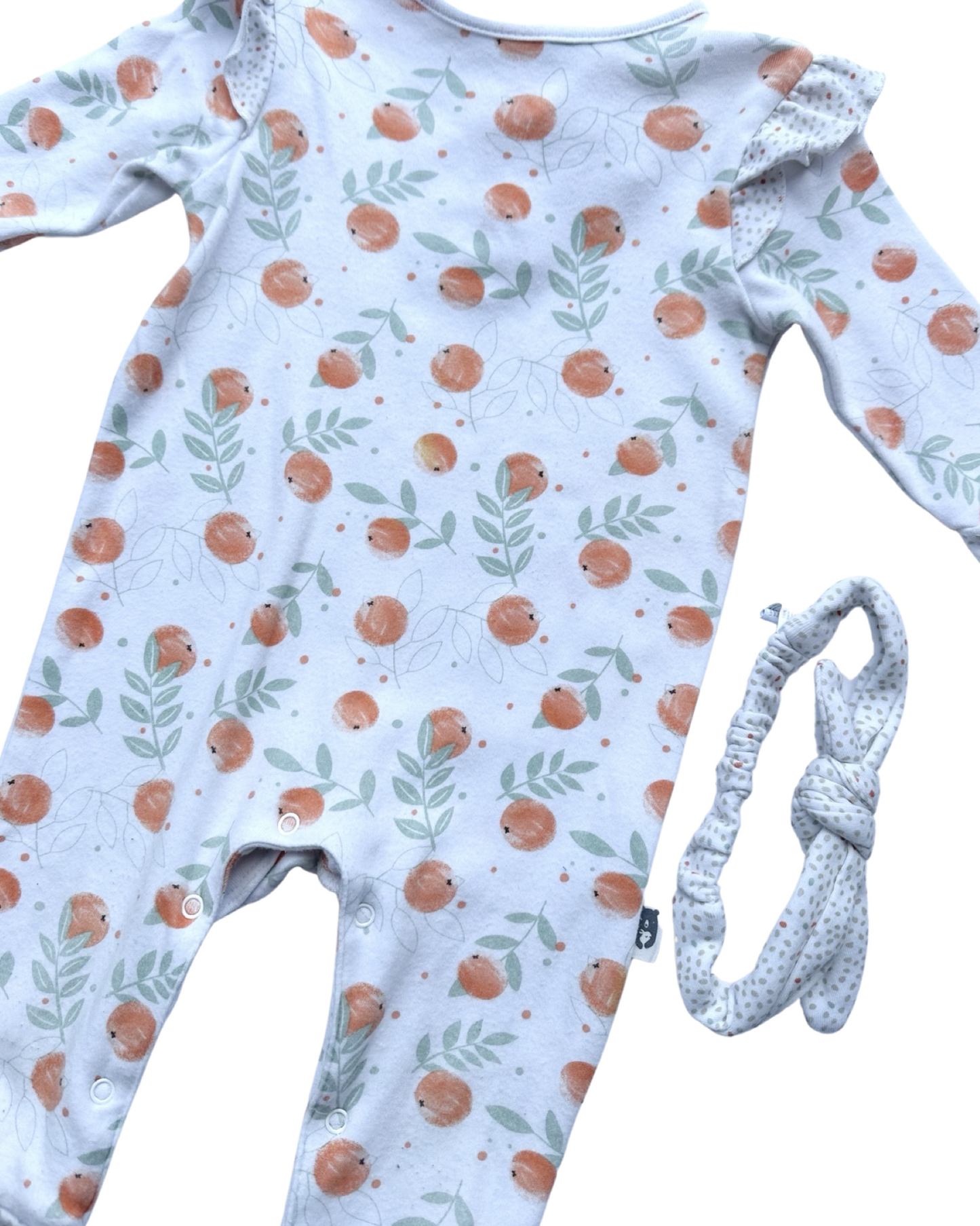 Rabbit & Bear peach print sleepsuit with matching headband (size 6-9mths)