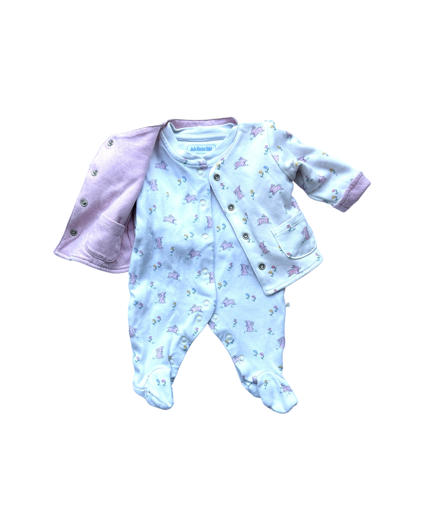 JoJo Maman Bebe bunny print 2 piece sleepsuit & jacket (size newborn)